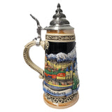 Beer stein with the view of the imposing castle of Heidelberg and an ornate Pewter Lid.
