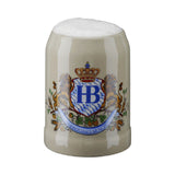 Simple gray Beer Mug captivates by the elaborate logo, where two lions hold a Crest, with the letters H and B on the Bavarian diamond pattern and a golden crown above.
