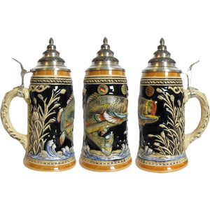 Beer stein with pewter lid, featuring a majestic carp jumping amidst river vegetation in detailed relief. Crafted with ceramic.