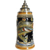 Front view of beer stein with jumping carp above waves, crafted with ceramic and pewter lid.