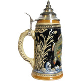 Side view of beer stein with waves, river vegetation, and the tail of a jumping carp, crafted with ceramic and pewter lid.