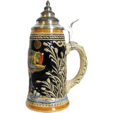 Side view of beer stein with ceramic and pewter lid, featuring the head of a jumping fish with open mouth and surrounding waves.