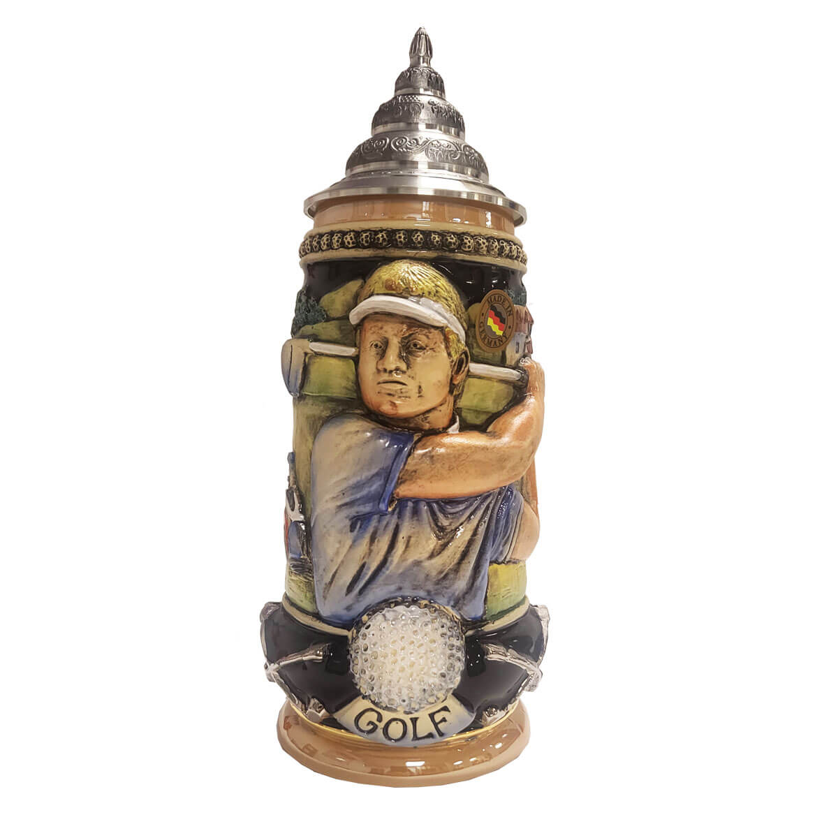 Golf-themed beer stein with golfer in deep concentration, surrounded by relief golf ball and 