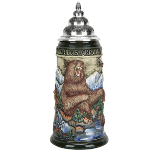 Front view of Glorious Grizzly Beer Stein featuring a grizzly bear standing on hind legs, hand-painted ceramic with pewter lid.