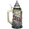 Side view of Glorious Grizzly Beer Stein depicting a bear fishing for salmon in a waterfall, hand-painted ceramic with pewter lid.