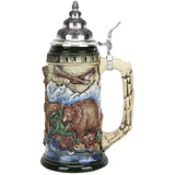 Side view of Glorious Grizzly Beer Stein showing a mama bear introducing her cubs to water, with an eagle flying overhead, hand-painted ceramic with pewter lid.