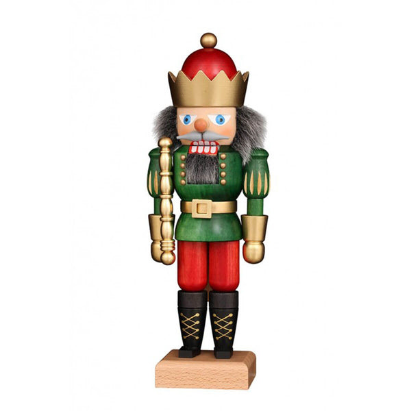 Handcrafted German nutcracker king wearing red trousers, a green jacket, and a golden crown, holding a scepter. A stunning piece of traditional craftsmanship.