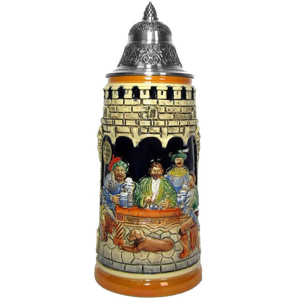 A beer stein with a pointed pewter lid, featuring a scene of medieval gamblers, and a dog under the table, playing a game of dice.