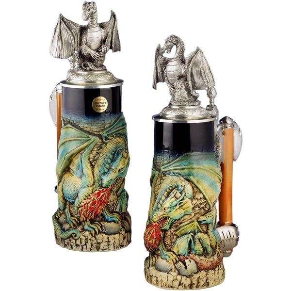 Thewalt 1893 'Dragon Stein' from right side, featuring hand-painted rustic finish and cobalt blue glaze.