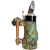 Side view of Thewalt 1893 'Dragon Stein', displaying intricate pewter lid and medieval ax handle.