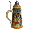 Beer Stein with People in old traditional clothing strolling through the town.