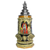 Untypically shaped beer stein on which Emperor Charles V is flanked by knights