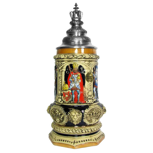 Untypically shaped beer stein on which Emperor Charles V is flanked by knights