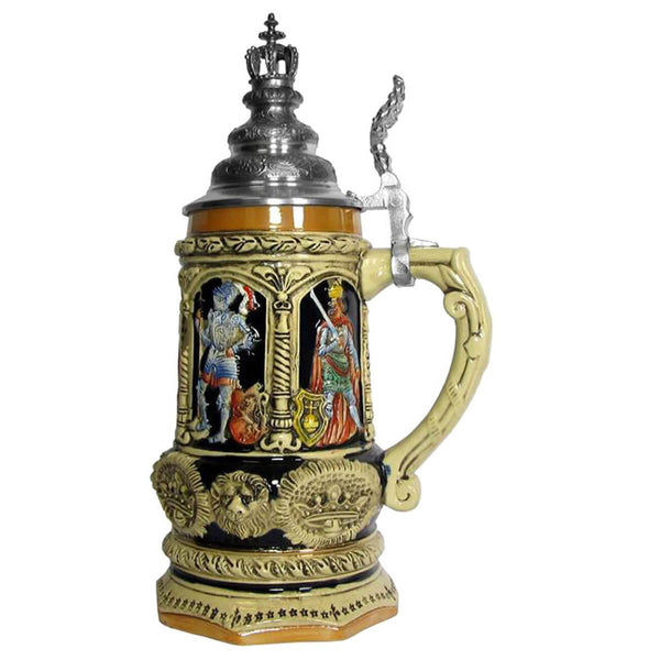 Beer stein with a knight and a son of Charles V .
