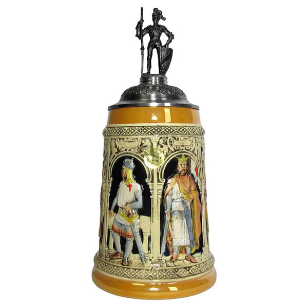 the front of  KING Beer stein with two colorful painted knights in archways and a little pewter knight standing on the  Lid
