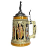 The side of a KING beer stein with a monk and a knight - both belonging to the crusaders. the nicely decorated handle shows more knights. On top of the Lid is a pewter knight.