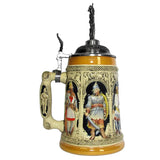 The side of a KING beer stein with different knights -  belonging to the crusaders. the nicely decorated handle shows more knights. On top of the Lid is a pewter knight.