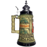 This side of the Tankard is decorated with a banner on which is written: "Gambrinus I am called, King of Flanders and Brabant - I made malt from barley and first came up with beer. Around the banner is a hop plant growing.