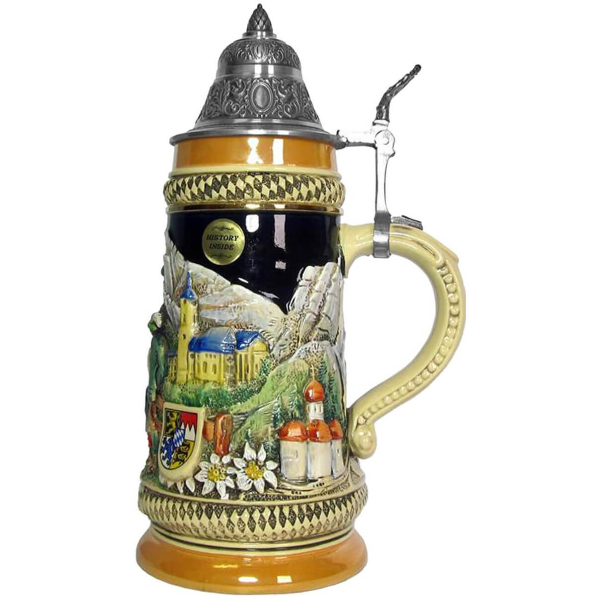 the side of the KING Beer Stein with the Alps, Edelweiss, and two churches.