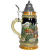 The side of a KING Beer stein with an Alpine hut, pine trees, Edelweiss and the Alps.