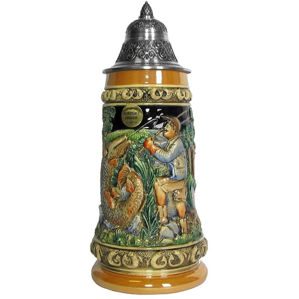 Thewalt Beerstein with an angler pulling a huge fish out of the water. The natural colors compliment the image. The upper and lower rim of the beer mug is decorated with small jumping trout. A decorated pewter lid is the perfect finishing touch.