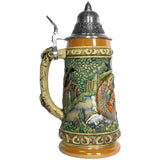 This side of the Beer Stein shows a  stream with reeds and trees. The upper and lower rim of the beer mug is decorated with small jumping trout. A decorated pewter lid is the perfect finishing touch.