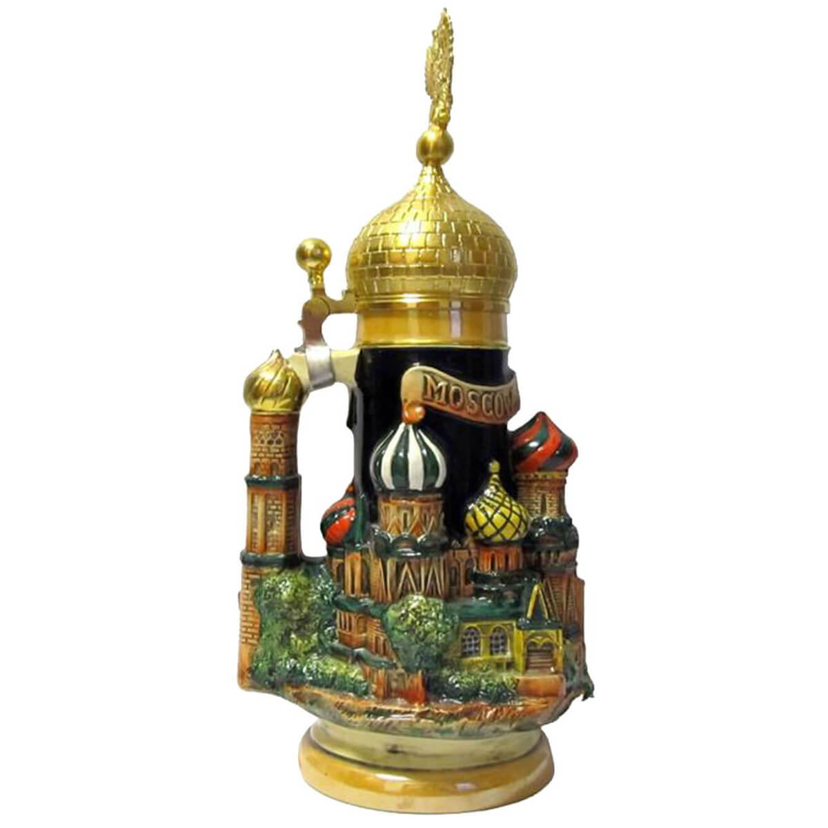 King Beer stein St. Basil's Cathedral in Moscow. The colorful roofs and buildings are nice accents to the cobalt blue background. The gilded Lid has the Russian double headed eagle on top.