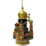 King Beer stein St. Basil's Cathedral in Moscow. The colorful roofs and buildings are nice accents to the cobalt blue background. The gilded Lid has the Russian double headed eagle on top.