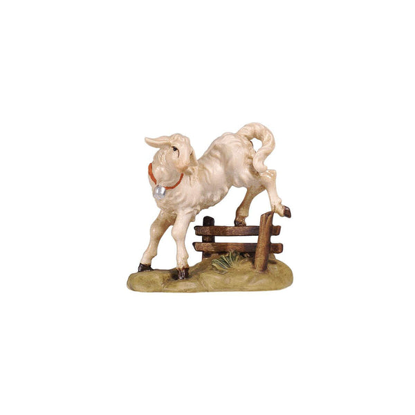 The PEMA Kostner Nativity Lamb Jumping is a beautifully crafted figurine depicting a white lamb wearing a little bell on a collar as it jumps over a brown picket fence. Meticulously hand-carved out of wood and professionally hand painted, the figurine is sure to be a delightful addition to any home nativity set.
