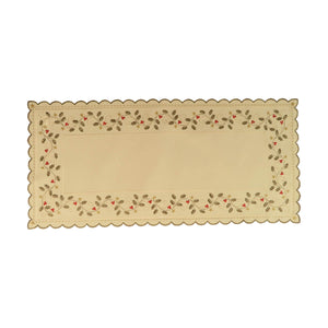 Rectangular champagne color table runner with scalloped edges, and a border of curving vines, leaves, and berries.