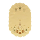 Cream color table runner with a design of a snow covered forest on one end, and a church with stars above on the other end.