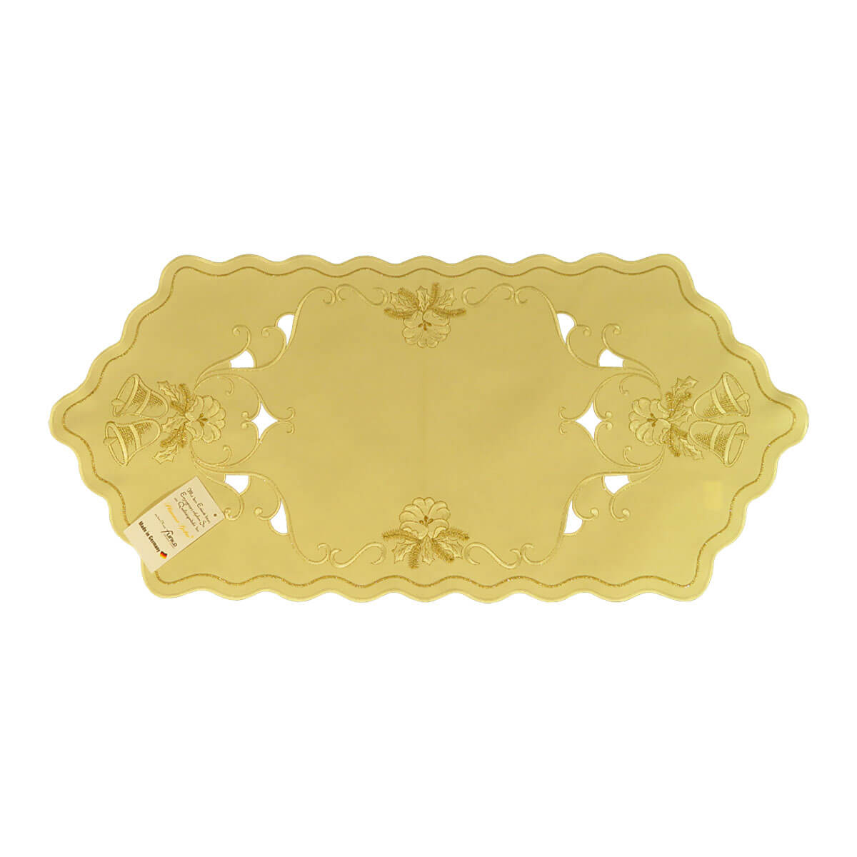 Cream color table runner with a border of cutouts and flowers with holly, and bells on either end.