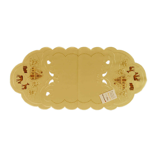 Cream color table runner with cutouts on both ends, and a scene depicting a snow covered chalet, forest, and deer on either side.