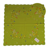 Square green tablecloth with scalloped edges, and a border of hens with baby chicks and spring flowers.