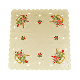 Square white tablecloth with scalloped edges, and cutouts along the border. In each corner, is a basket full of flowers with red rosehips centered between them.