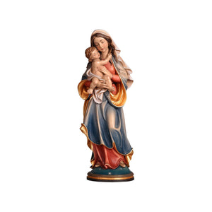 Carved wooden statue of the Virgin Mary, holding a cradled Jesus touching her hair, painted in a variety of colors and gold plated accents.