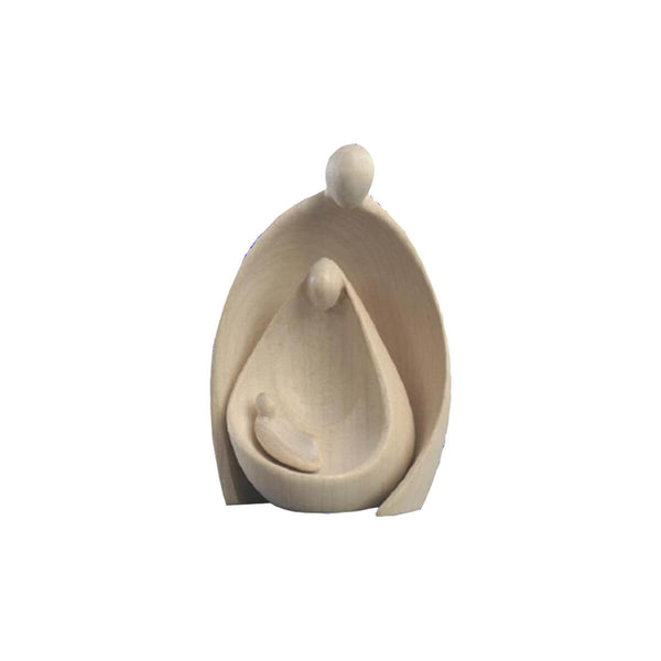 Stylized wooden statue set of the Holy Family, with Mary and Joseph looking at the baby Jesus, cradled in Mary's arms.
