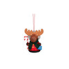 The little Ornament is a Moose dressed as Santa with a Candy Cane and a Present. There is a dark Scarf wrapped around his Neck