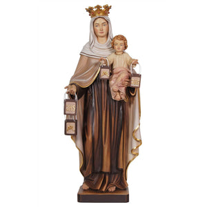 Hand-carved wood figurine of Our Lady of Mount Carmel standing gracefully, adorned in traditional robes with a serene expression.