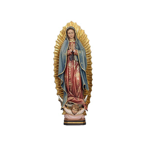 Sculpted wooden statue of Our Lady of Guadalupe, with rays of light shining behind her, and a cherub and a crescent moon at the base.