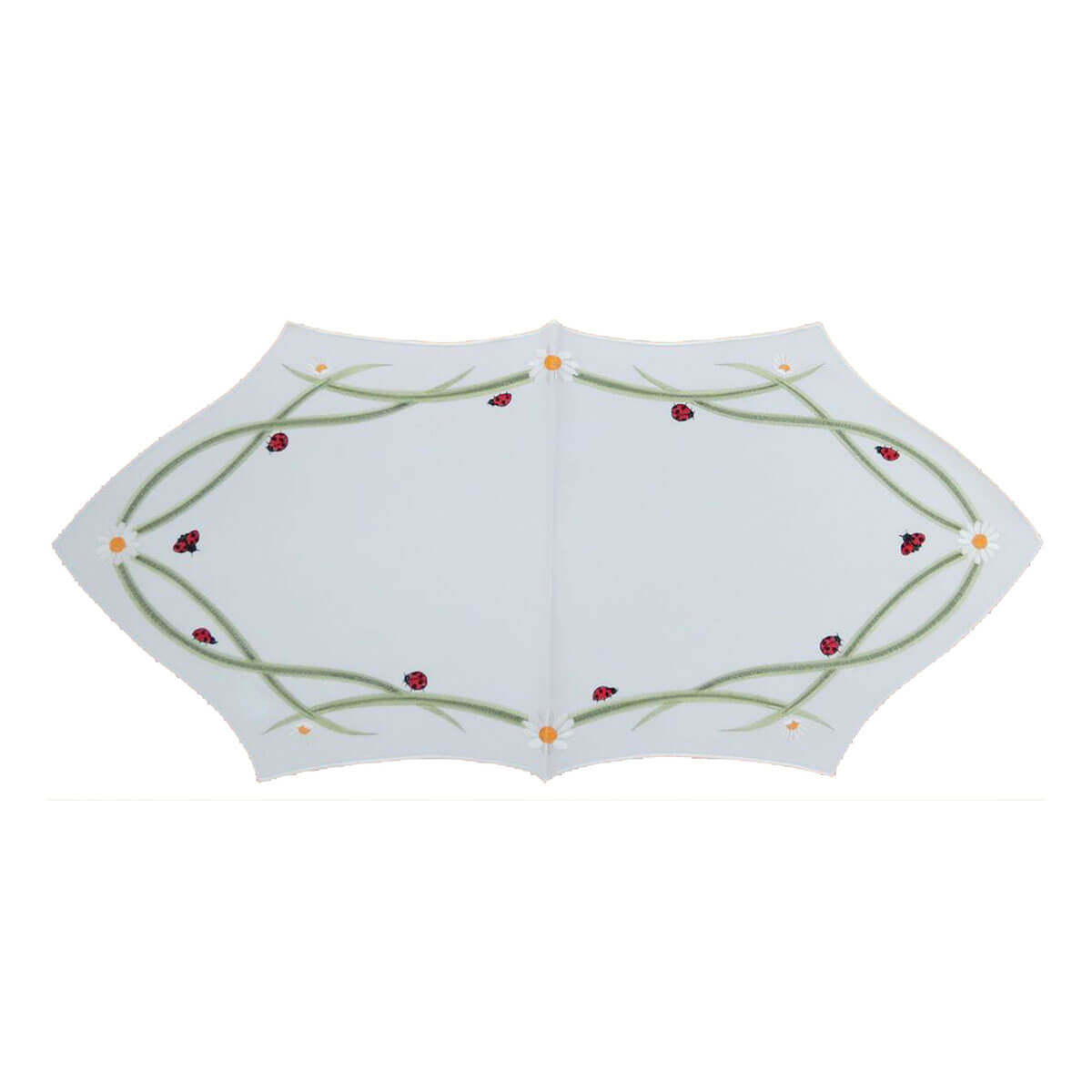 White pointed oval table linen, with a border of ladybugs, daisies, and stems.