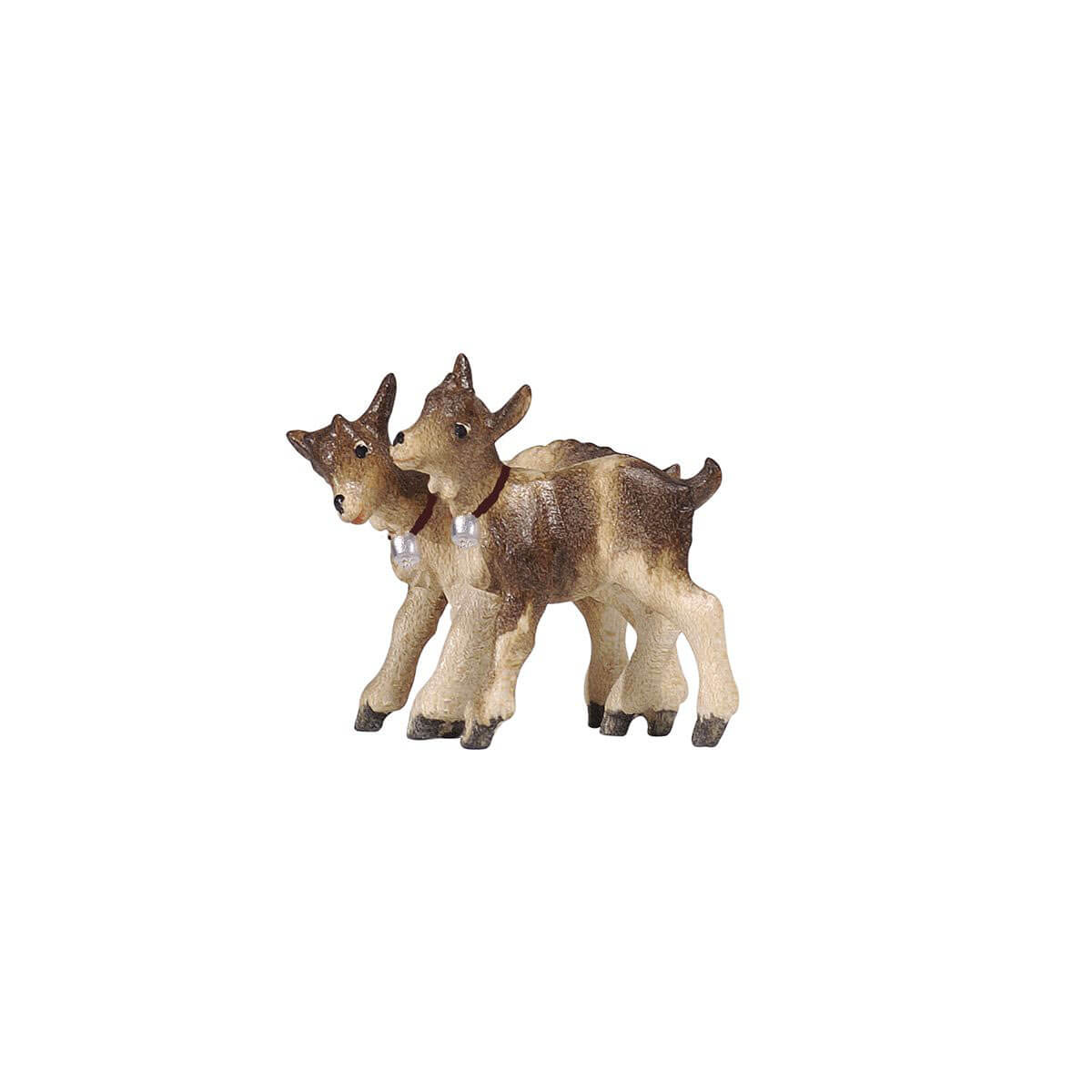 This PEMA Kostner Nativity Pair of Kids is the perfect addition to any festive decor. It's crafted from solid wood and is carefully carved for exquisite detail. The playful kids stand side-by-side next to each other and have their heads turned towards each other. They are both wearing a collar with a bell. It's a charming way to remember the true meaning of the holiday season.