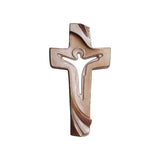 Stylized wooden crucifix with gold accented lines, and featuring a cut out image of Christ on the cross in the center.