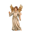 Bring a little Christmas cheer to your home with the PEMA Kostner Nativity - Angel Proclaiming Birth. This classic angel figure is delicately hand-carved out of wood and features a detailed cream-colored robe with golden belt, and large, intricately carved wings which are painted in a shiny gold color. One arm is raised and the other holds flowers. The angels has brown hair and wears a simple golden tiara and a golden necklace.