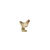 The standing hen is carved out of wood. It is painted in white with darker feathers at the back and brown feathers at the neck. The comb is reddish. The hen is standing on a wooden stand.