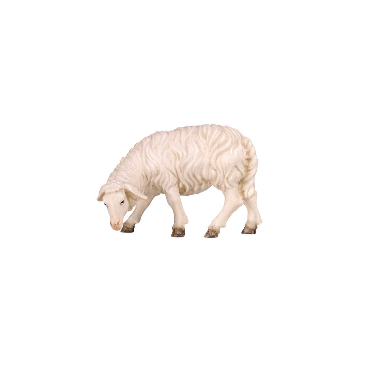 The standing sheep has a thick white wool coat. The head is down looking left. 