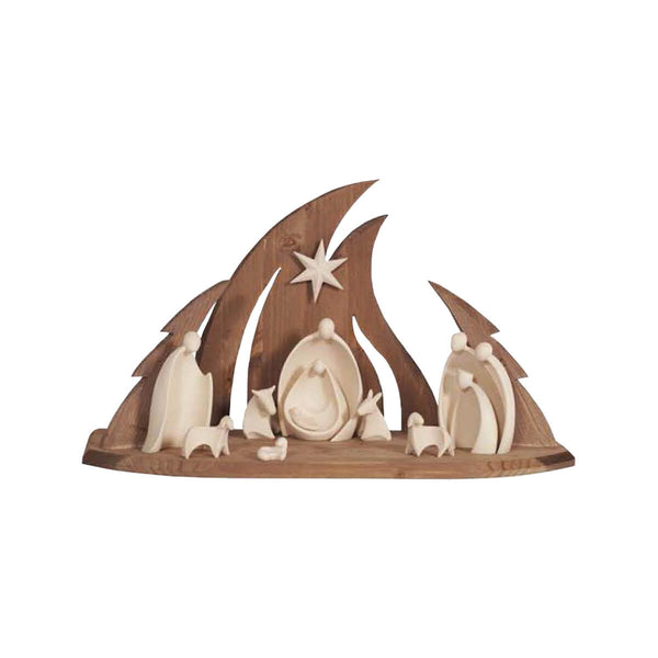 Artistically stylized wooden Nativity set, with display stable and the Star of Bethlehem above.