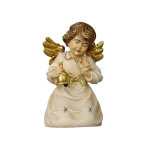 Kneeling Angel holding a golden bell. His golden wings match the white dress with small golden stars and a golden bow.