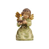 Kneeling Angel holding a lighted candle. His golden wings match the green dress with small golden stars and a golden bow.