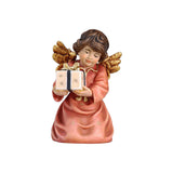 Kneeling Angel holding a wrapped gift tied with a bow. His golden wings match the red dress with small golden stars and a golden bow.